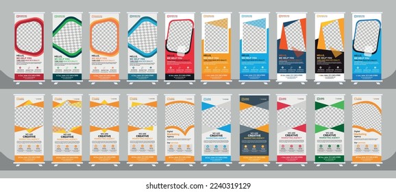 Corporate rollup banner, pull up, business flyer, display, x-banner, and flag-banner Set. Banner roll-up design, business concept.  Advertising, agency banner