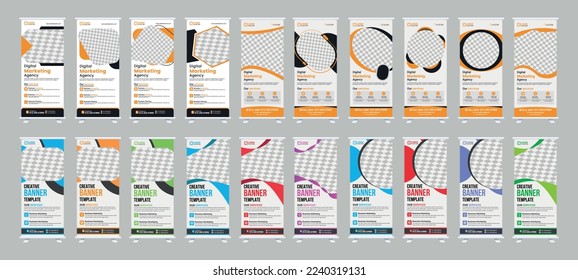 Corporate rollup banner, pull up, business flyer, display, x-banner, and flag-banner Set. Banner roll-up design, business concept.  Advertising, agency banner