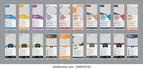 Corporate rollup banner, pull up, business flyer, display, x-banner, and flag-banner Set. Banner roll-up design, business concept.  Advertising, agency banner