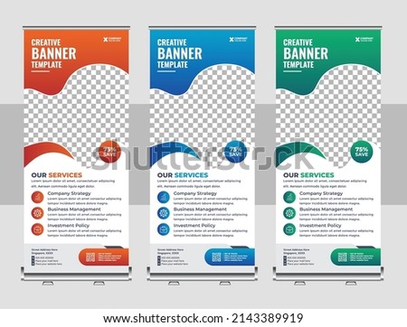 Corporate rollup banner, pull up, business flyer, display, x-banner, and flag-banner Set. Banner roll-up, stand vector, graphic template for exhibition, conference, accommodation advertising
