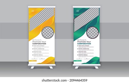 Corporate Roll-up banner stands template design, business concept. Graphic template roll-up for exhibitions, advertisement, pull-up design, display, modern x-banner.