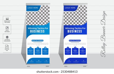 Corporate rollup banner template, advertisement, pull up, polygon background, vector illustration, business flyer