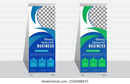 Corporate rollup banner template, advertisement, pull up, polygon background, vector illustration, business flyer