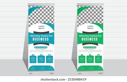 Corporate rollup banner template, advertisement, pull up, polygon background, vector illustration, business flyer