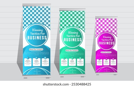 Corporate rollup banner template, advertisement, pull up, polygon background, vector illustration, business flyer