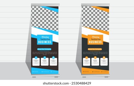 Corporate rollup banner template, advertisement, pull up, polygon background, vector illustration, business flyer