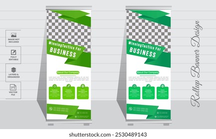 Modelo de banner de rollup corporativo, anúncio, pull up, plano de fundo de polígono, ilustração vetorial, folheto de negócios
