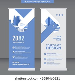 Plantilla Corporativa del Anuncio del rollup con la disposición geométrica en azul y blanco, diseño moderno limpio para la promoción empresarial.