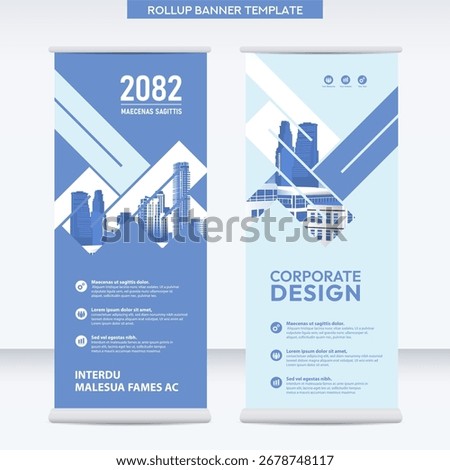 Corporate rollup banner template with geometric layout in blue and white, clean modern design for business promotion.