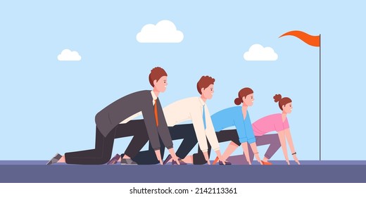 Corporate run positioning. Business competition ready to start, beginning race office rivalry competitor challenge executive worker sprint track line, vector illustration. Competition position