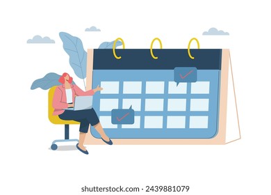 Corporate schedule management, Time management planning concept, Businesswoman plans organized work on schedule with a large calendar. Vector design illustration.