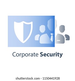 Corporate security lawyer, business safety, company insurance policy, judicial services, legal support, advocacy concept, vector icon, flat illustration