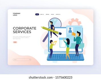 Corporate Services Landing Page Design. Website Home Page Design for business, HR, Human Resources, Vacancy, Research, Employment Survey Service. Team Working on Laptop Vector Illustration