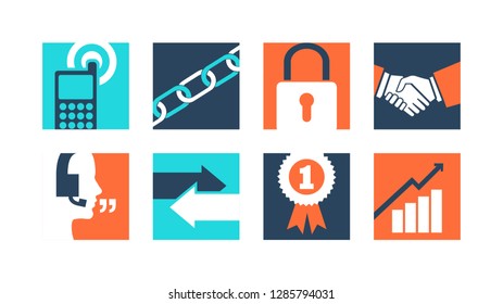 Corporate services square vector icons with blue and orange flat colors