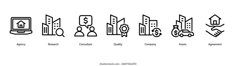 Corporate Services Webbanner-Symbol, Vektorgrafik mit Agency, Research, Consultant, Quality, Company, Assets und Agreement.