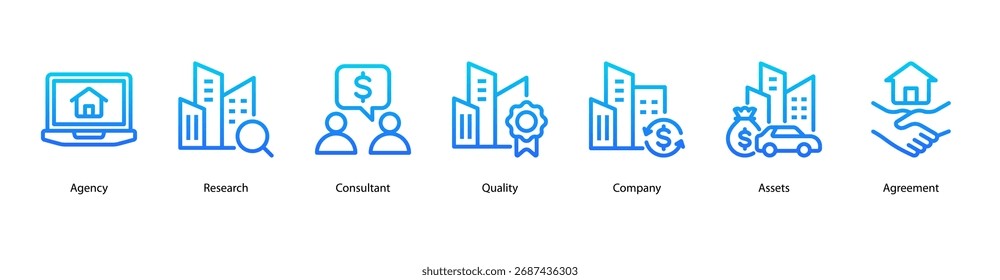 Ilustración vectorial de íconos de Anuncio de Web de Servicios Corporativas que presenta Agencia, Investigación, Consultor, Calidad, Empresa, Elementos y Acuerdo.
