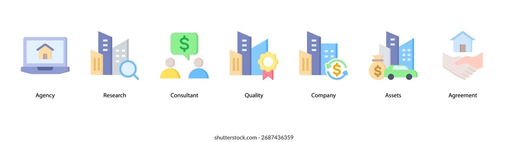 Corporate Services Webbanner-Symbol, Vektorgrafik mit Agency, Research, Consultant, Quality, Company, Assets und Agreement.