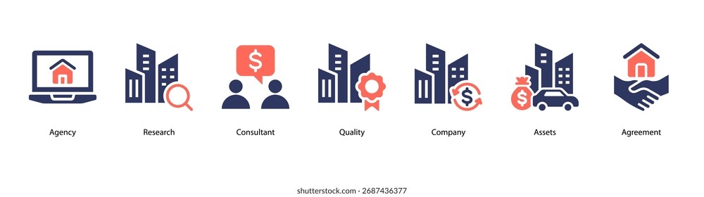 Corporate Services Webbanner-Symbol, Vektorgrafik mit Agency, Research, Consultant, Quality, Company, Assets und Agreement.