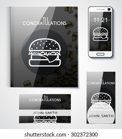 Corporate set of objects with the design  burgers. Cover  food, 