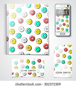 Corporate set  objects with the donut.  Template design. Cover with food. Background of donuts. The pattern of the dessert. Realistic  identity. 