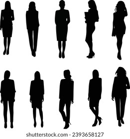 Corporate set, official women silhouette group, business woman vector set