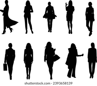 Corporate set, official women silhouette group, business woman vector set