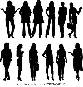 Corporate set, official women silhouette group, business woman vector set