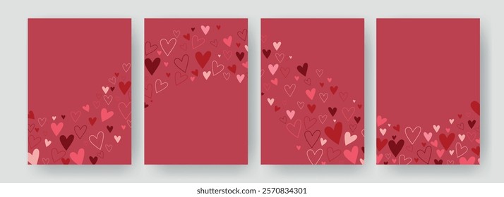 Corporate set of romantic vertical backgrounds with hearts. Contemporary cute design with copy space. Templates for branding, celebration, advertising, banner, sales, cover, label, poster