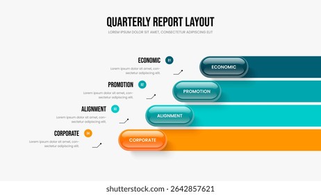 Corporate Showcase Four Element Diagram Slide Design. Market Overview Presentation Template Vector Illustration. Company Innovation 4 Step Infographic Slideshow Layout.