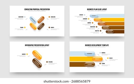 Corporate Showcase Four Five Two Three Option Diagram Presentation Template Vector Illustration Set. Visual Review 4 5 2 3 Step Infographic Frame Design Collection.
