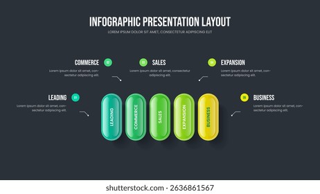 Corporate Showcase Slideshow Design Vector Illustration. Digital Campaign Five Element Diagram Slide Template. Marketing Overview 5 Step Infographic Presentation Layout.