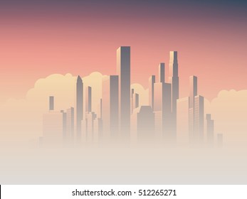 Corporate skyline with high rise skyscrapers in morning sunrise haze with pink and purple sky background. Business cityscape vector symbol of success. Eps10 vector illustration.