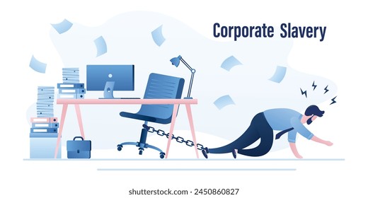 Corporate slavery, concept. Unhappy manager is chained to workplace, overwork. Burnout at work. Businessman tries to crawl away from office. Psychological pressure, stress. Dissatisfaction with job.