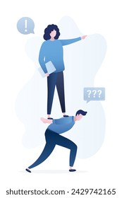 Corporate slavery. Male employee carries woman boss on back, isolated on white background. Exploitation of office worker. Wife leads and controls husband. Manager obeys boss. Discrimination. Vector