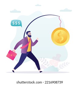 Corporate slavery, worker runs for bait or financial reward. Business competition, motivation for success and extra work. Overworked employee. Big salary, stimulus, reward. Flat vector illustration