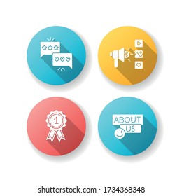 Corporate social media flat design long shadow glyph icons set. Excellent feedback. Good review. Digital campaign. Reward for first place winner. Contact information. Silhouette RGB color illustration