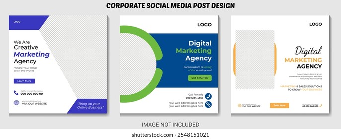 Corporate Social Media Post Design With 3 Design. Digital business marketing banner for social media post template.  Digital Marketing Agency social media post template. 