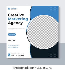 Corporate Social Media Post Template, Creative Marketing Agency Banner Design, Marketing, Web Banner, Facebook Post, Instagram Post, Blue Color