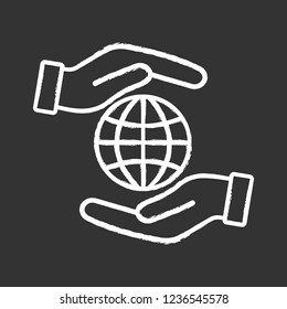 Corporate social responsibility chalk icon. International relations. Earth protection. Globalization. Impact. Hands holding globe. Isolated vector chalkboard illustration