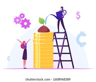 Corporate Social Responsibility Concept. Business Woman Watering Green Plant Growing on Pile of Gold Coins. Eco Model for Internal Organizational Policy or Strategy. Cartoon Flat Vector Illustration