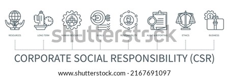 Corporate social responsibility concept with icons. Resources, long term, human resources, goals, responsibility, audit, reporting, ethics, business. Web vector infographic in minimal outline style