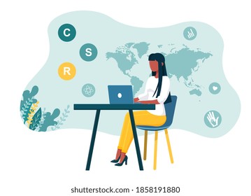 Corporate social responsibility. Concept of private business self-regulation that aims to contribute to societal goals of a philanthropic, activist, or charitable nature. Flat vector illustration