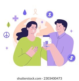 Corporate Social Responsibility, CSR. Business' responsibility for society well-being. Investitions in non-governmental, nonprofit organizations. Humanitarian aid and charity. Flat vector illustration