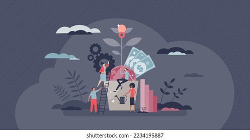 Corporate social responsibility CSR with company values tiny person concept. Business approach with sustainable nature standards, equal rights with ethical and honest attitude vector illustration.