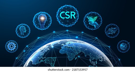 Corporate social responsibility CSR concept in futuristic glowing low polygonal style on dark blue 