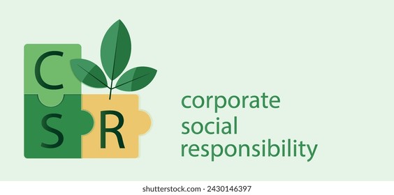 Corporate Social Responsibility (CSR) concept on a green vector background. Icon featuring puzzle pieces symbolizing responsibility. Intersection of business and environment. Vector design.