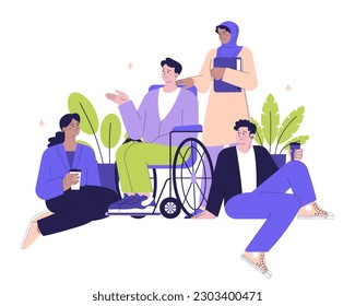 Corporate Social Responsibility, CSR. Equality, diversity and inclusion. Diverse business team communication and partnership. Social progress and well-being. Flat vector illustration