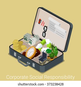 Corporate Social Responsibility CSR. Flat 3d Isometry Isometric Business Concept Web Vector Illustration. Opened Briefcase With Money Watch Recycling Sign Green Plants Disabled Chair Inside.