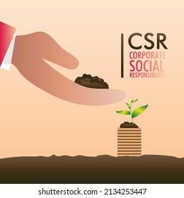 Corporate social responsibility CSR, money wealth economy business growth coins plants nature, vector illustration poster template design banner