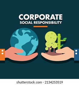 Corporate social responsibility CSR poster with globe and nature environment in hand vector banner